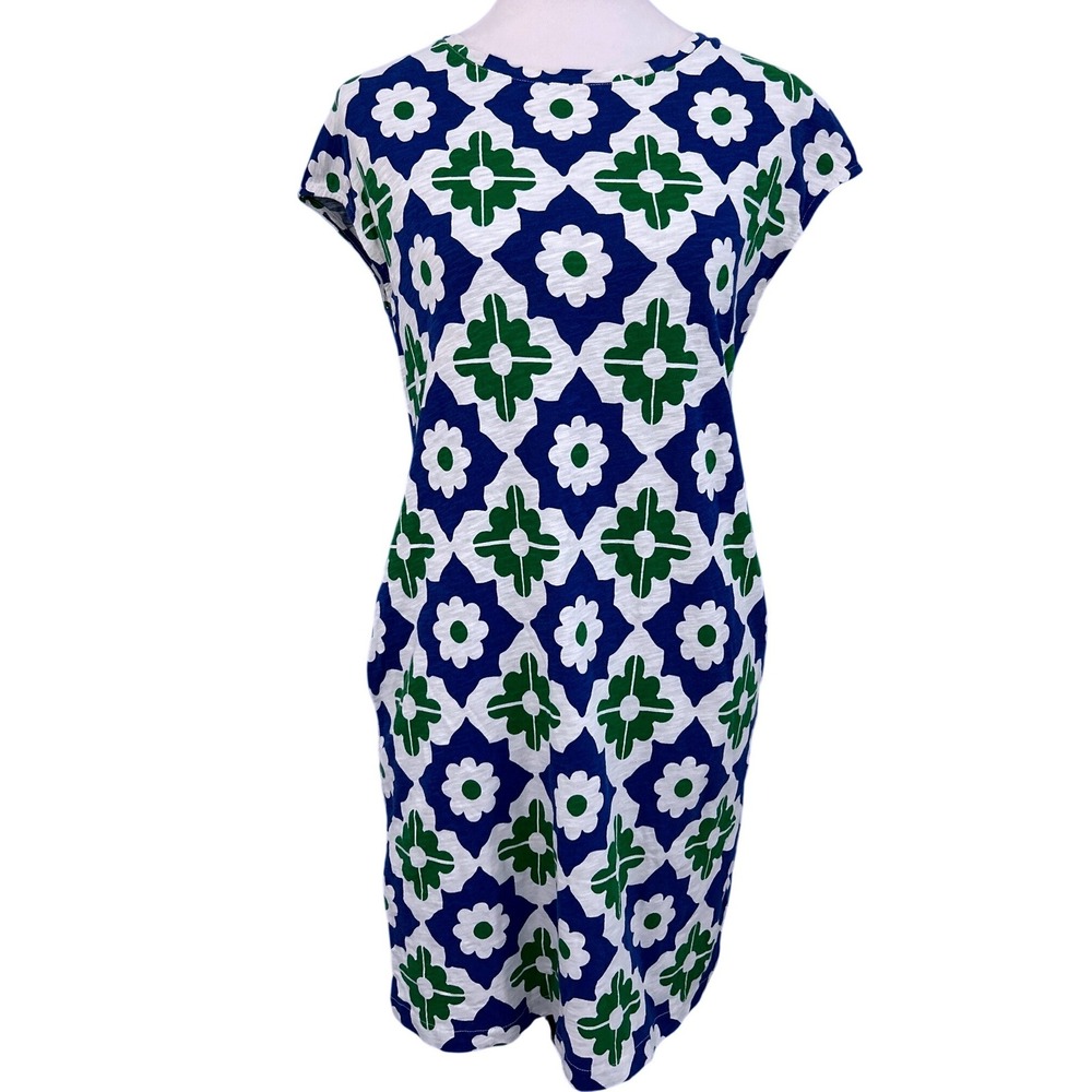 Boden Dress Women 4R Blue Green Floral Geometric Cotton Short Sleeve Pockets